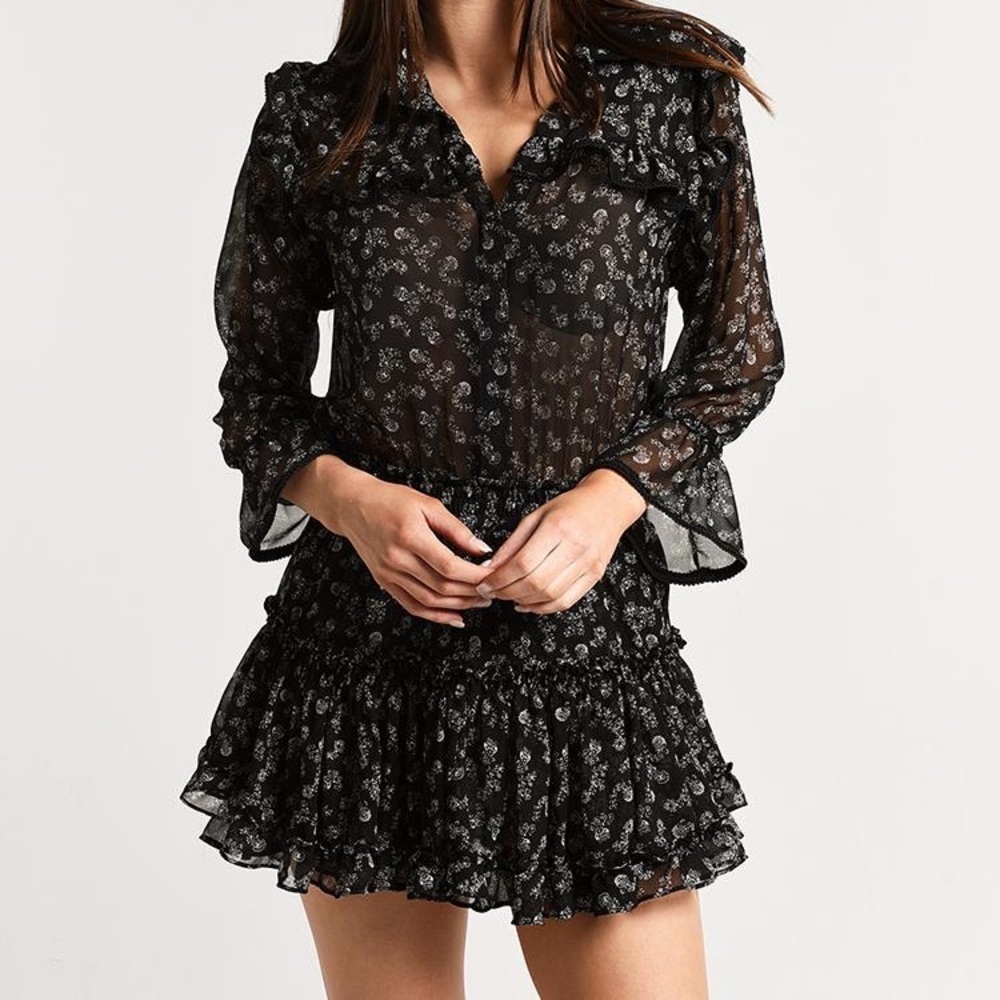 Misa Los Angeles Vittoria Black Floral Ruffle Mini Dress Medium NWOT Valentines - Picture 2 of 2